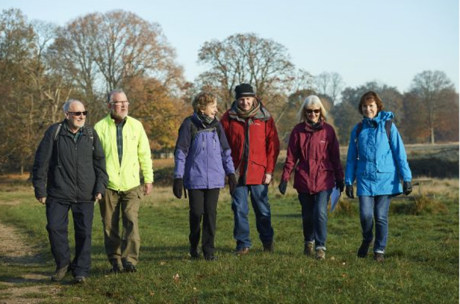 group of people walking in the countryside 