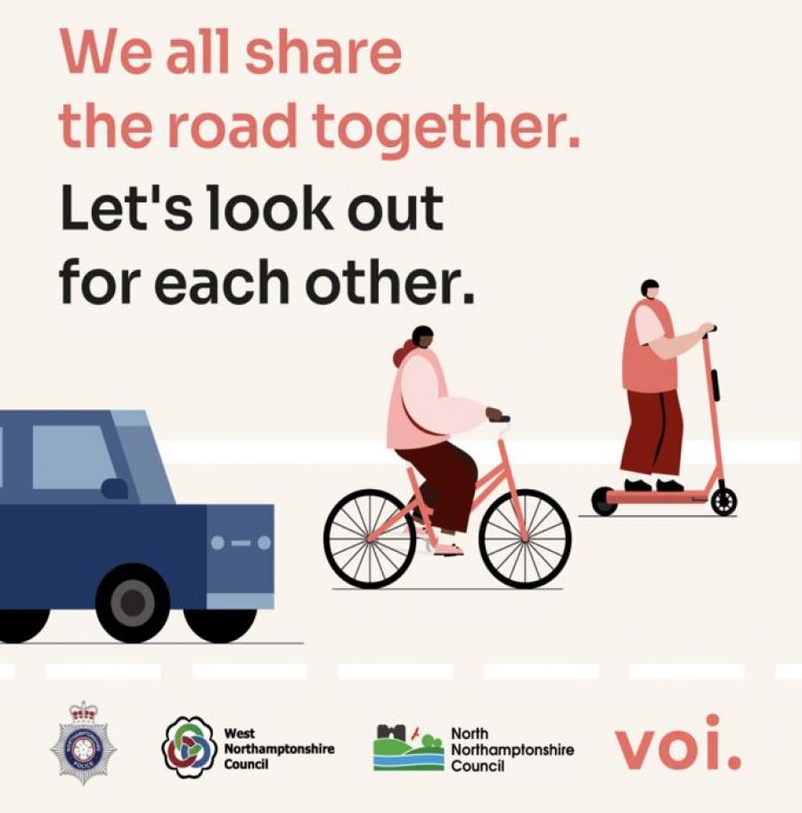 Image for the sharing the road campaign showing a car, bicycle and e-scooter with the slogan We all share the road together, let's look out for each other