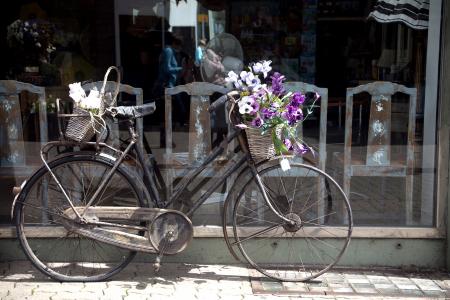 Bicycle outside shop with flowers