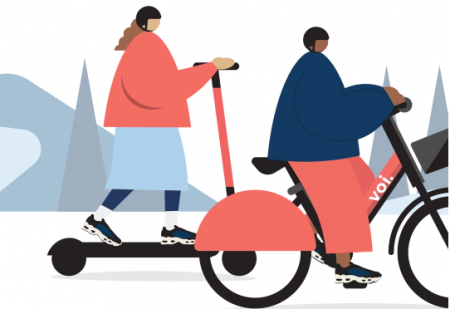 graphic of people riding on voi e-scooter and e-bike 